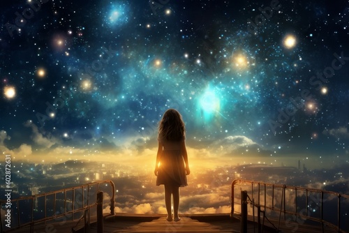 Fototapeta Astronomer child woman starry sky night. Generate Ai