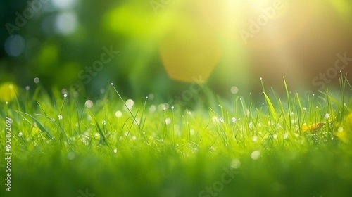 A fresh spring sunny garden background of green grass and blurred foliage bokeh, grass with dew, grass background, Generative AI