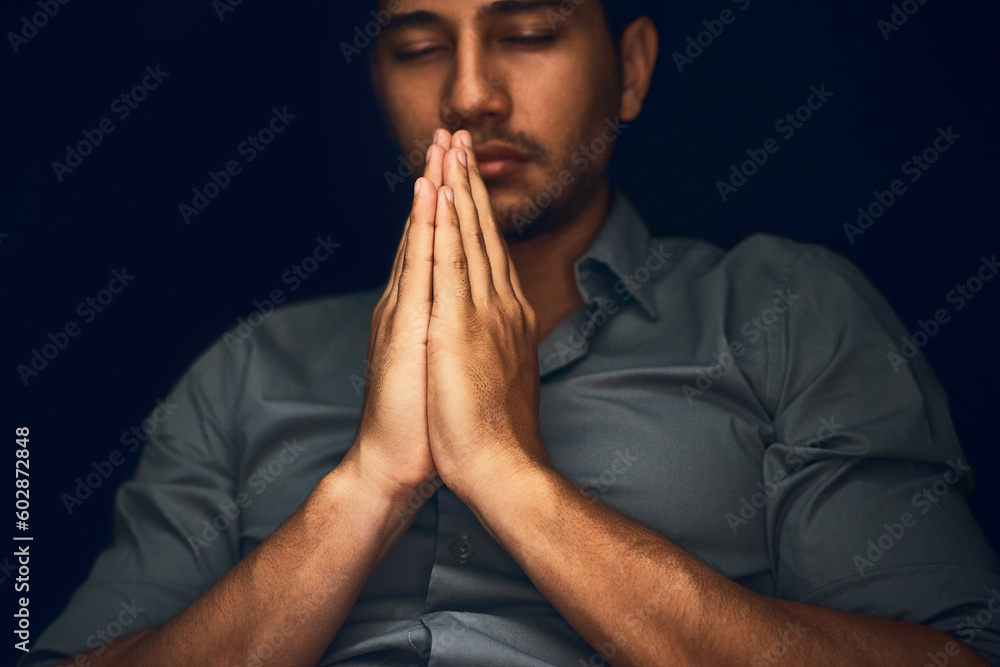 Pray, worship and man with praying hands in studio for hope, faith and religious guidance. Palms, prayer and male person with gesture for faith, God and gratitude to Jesus for help, trust and belief Pray, worship and man with praying hands in studio for hope, faith and religious guidance. Palms, prayer and male person with gesture for faith, God and gratitude to Jesus for help, trust and belief