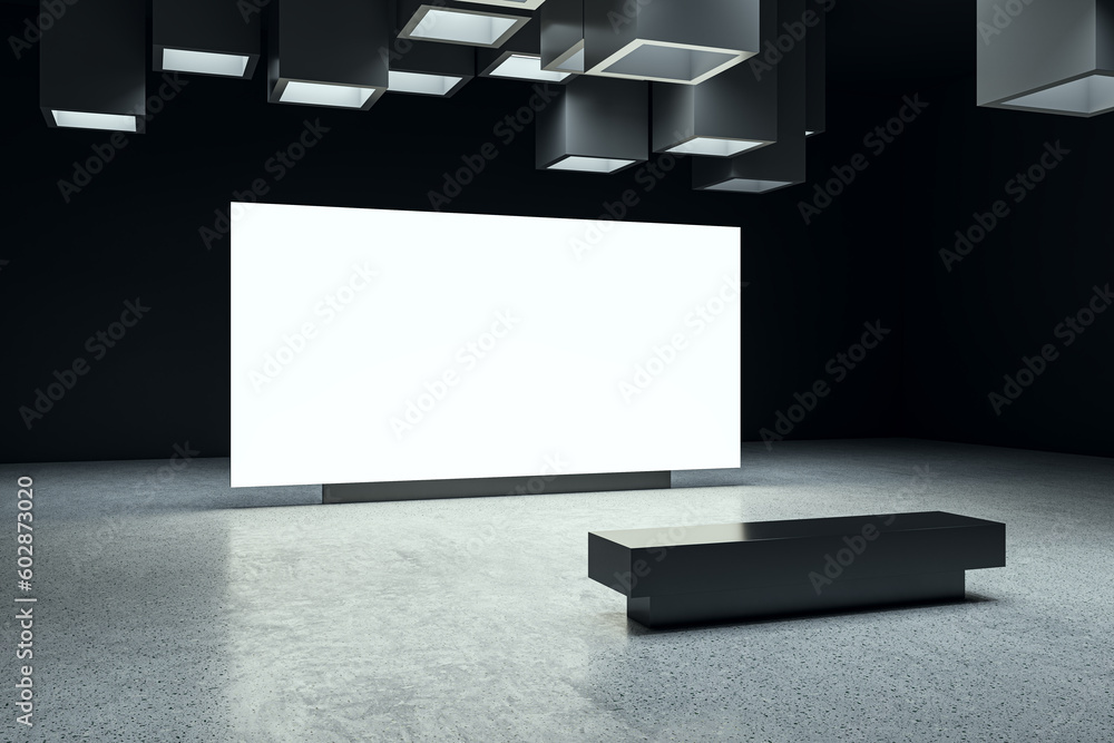 Perspective view on white blank digital screen with space for advertising or campaign in abstract dark exhibition hall interior with concrete floor on background. 3D rendering, mockup - obrazy, fototapety, plakaty 