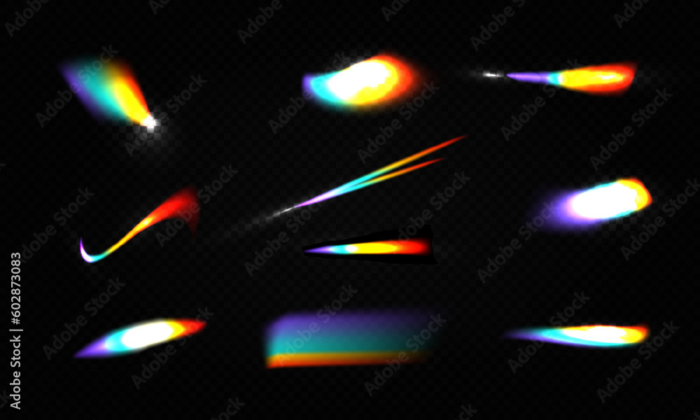 Crystal rainbow light leak flare reflection effect vector illustration set. Colorful optical rainbow lights beams lens flare leak overlay streaks on transparent dark background. - obrazy, fototapety, plakaty 