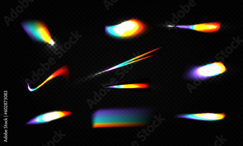 Crystal rainbow light leak flare reflection effect vector illustration set. Colorful optical rainbow lights beams lens flare leak overlay streaks on transparent dark background.