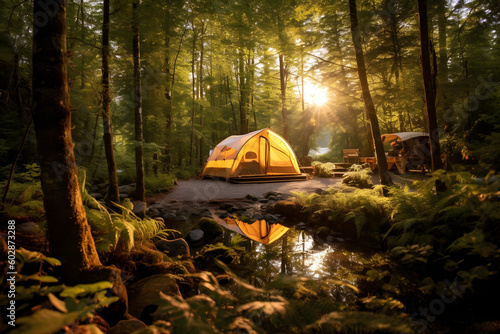 Cozy Forest Camping Tent in Golden Hour Lighting