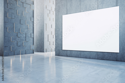 Perspective view on blank white poster with space for your logo or text on grey wall background in abstract hall with concrete pillars and glossy floor. 3D rendering, mock up