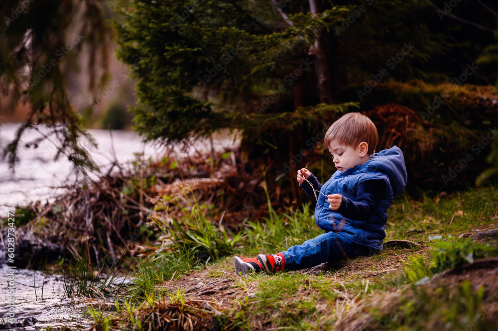 Little toddler boy in blue spring warm outfit sitting on stone in forest Little toddler boy in blue spring warm outfit sitting on stone in forest