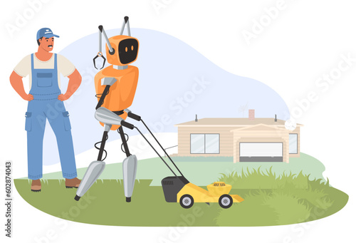 AI robot mowing grass with lawn mower under farmer control