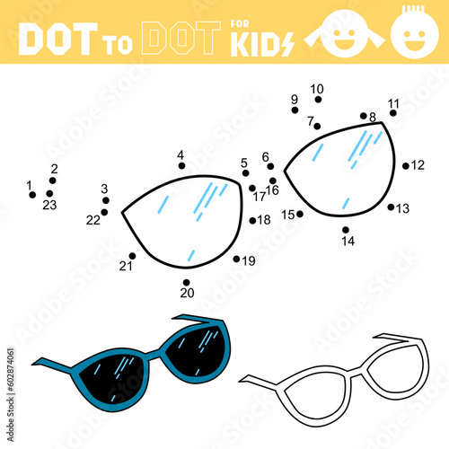 Sunglasses. Dot to dot games for kids. Connect the numbers and drawing. Summer glasses. Coloring page. Puzzle activity worksheet. Sketch vector illustration