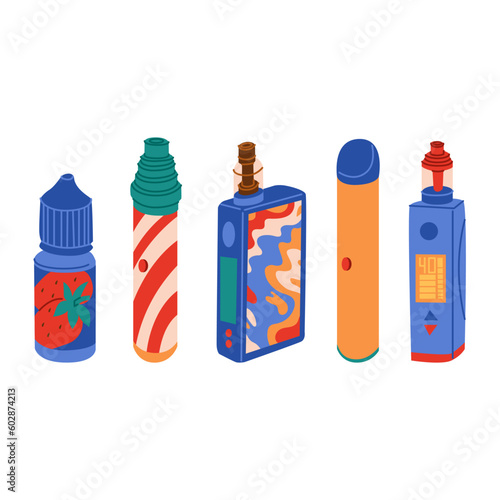 Different type of Electronic cigarettes, vape with refill liquid. Illustration on the theme of smoking. Bad habits, wrong way of life. Vector objects isolated on white background.