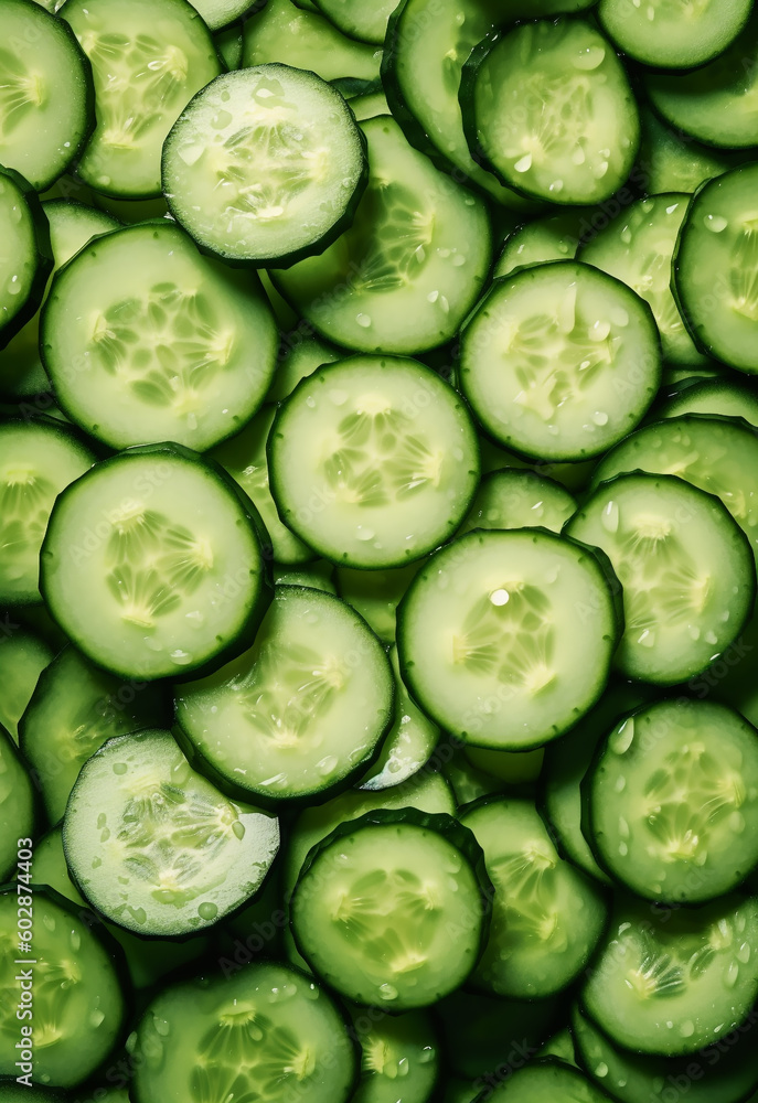 Macro top view of sliced cucumber vegetable as textured background. cucumber Top view Fresh, Tasty, and healthy food. Generative AI Macro top view of sliced cucumber vegetable as textured background. cucumber Top view Fresh, Tasty, and healthy food. Generative AI