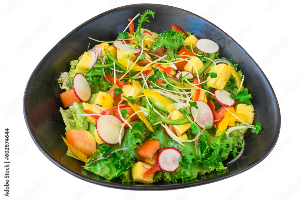 Vegetarian salad with radish, arugula, pineapple and tomatoes isolated on white background Vegetarian salad with radish, arugula, pineapple and tomatoes isolated on white background
