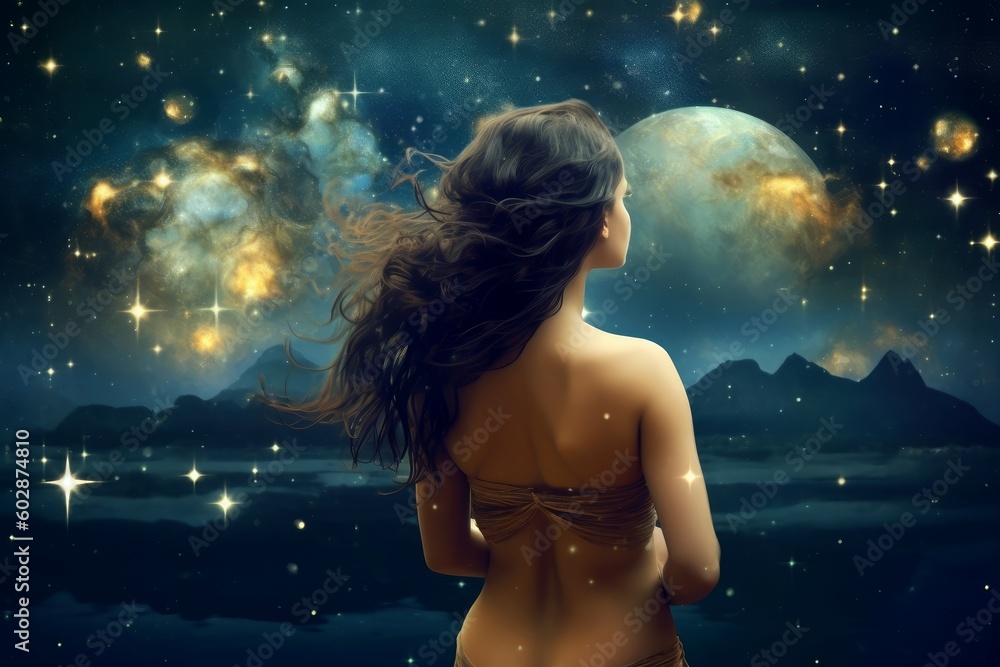 Astronomer sexy woman starry sky night. Generate Ai