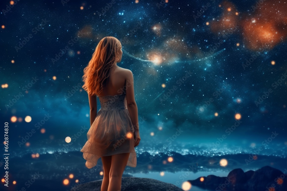 Astronomer woman starry sky night. Generate Ai