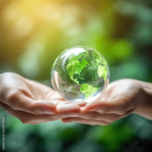 Globe on the human hands for environmental,Social and governance,Words green background,sustainable environment concept,AI generated.