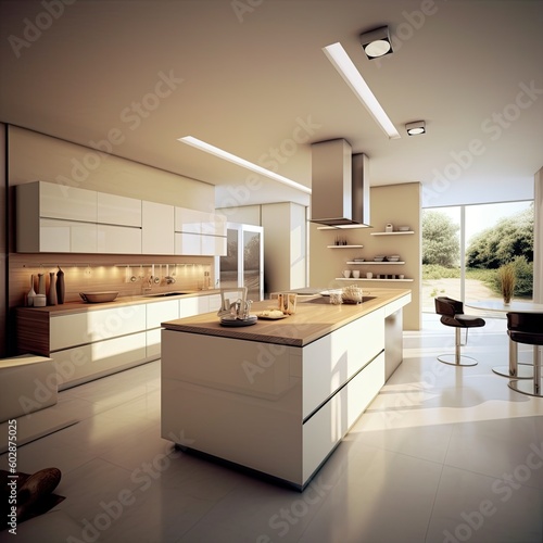 Modern scandinavian kitchen with big windows  Modern luxury interior Design kitchen room AI generated.