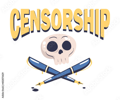 Prohibition of Independent Media with Skull and Crossed Fountain Pen Vector Illustration
