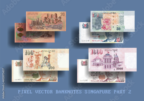 Set of vector pixel mosaic Singapore banknotes. The denominations of the bills are 20, 50, 100 and 1000 dollars. Part two.