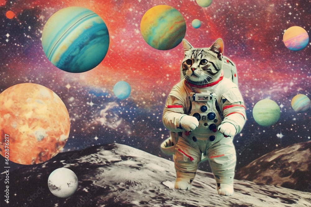 surreal collage of an astronaut cat in a universe colorful background, pop style, generative ai illustration