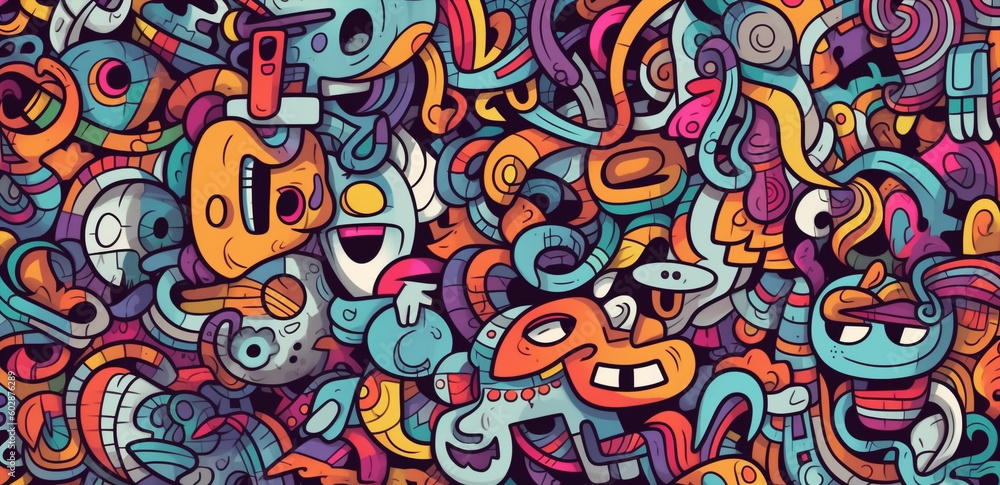 Fototapeta premium colorful graffiti pattern banner background, with funny group monsters, generative ai illustration