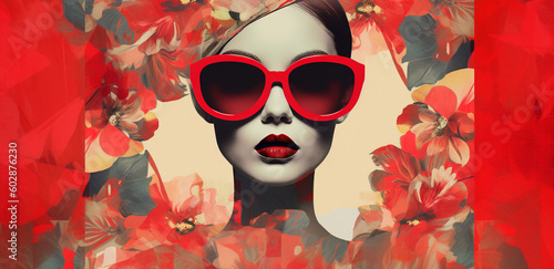 surreal collage of an iconic woman model with sunglasses surrounded by flowers, banner wallpaper use, red mood colors, generaitve ai illustration