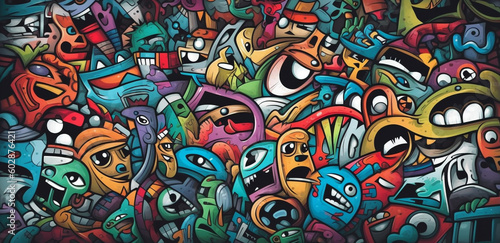 colorful graffiti pattern banner background, with funny group monsters, generative ai illustration © aledesun