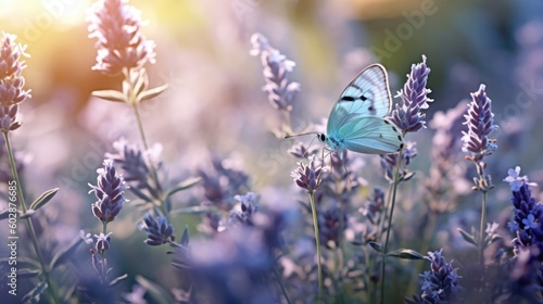 A butterfly flies over lavender flowers and grass   Generative AI 