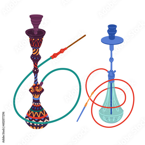 Two smoking hookahs. Glass and decorative metal. Arabic traditional way of relaxation. Illustration on the theme of smoking. Bad habits, wrong way of life. Vector objects isolated on white background.