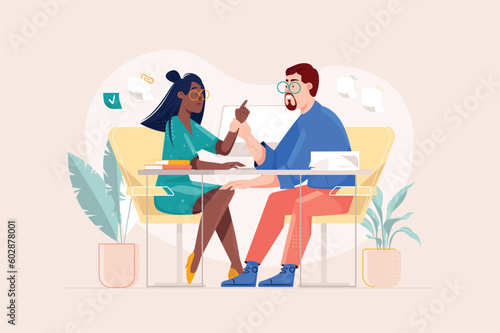 Sexual Harrasmen at work yellow concept with people scene in the flat cartoon design. The boss sexually pursues his employee right in the office. Vector illustration.