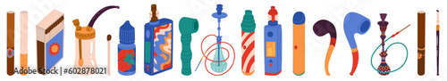 Set on the theme of tobacco smoking, electronic cigarettes and hookah. Bad habits, unhealthy lifestyle. Smoker's accessories. Vector objects isolated on white background.