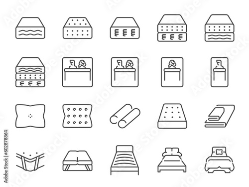 Mattress icon set. It included the bed, pillow, material, sleep, and more icons.
