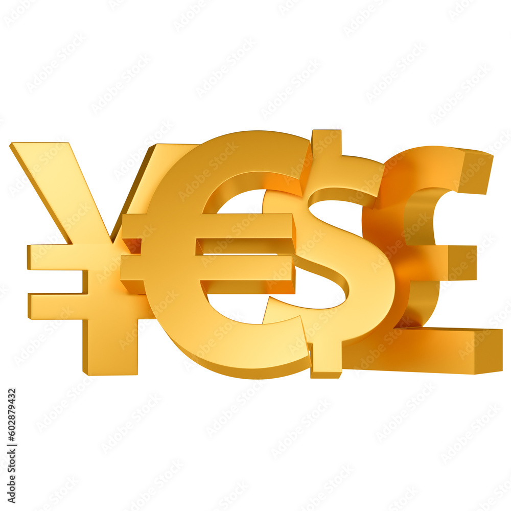 3D illustration of the four main currencies. 3D illustration of the four main currencies.