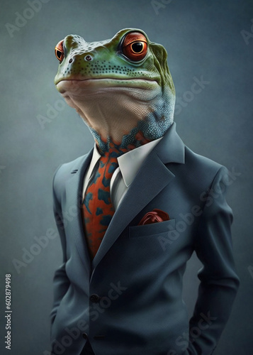 Frog in suit. Studio Shot of a Frog in Business clothes, Mixing Professional and Animal portrait concept. Generative ai technology