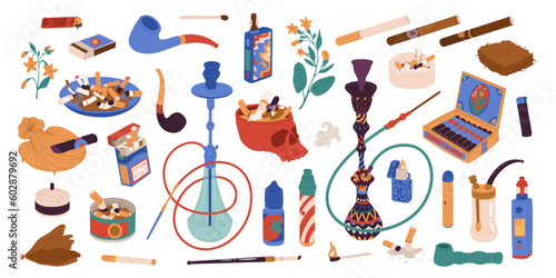 Set on the theme of tobacco smoking, electronic cigarettes and hookah. Bad habits, unhealthy lifestyle. Smoker's accessories. Vector objects isolated on white background.
