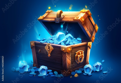 Treasure box, illustration of medieval ancient wooden cartoon chests, game old pirate treasures, lock boxes for gold. Generative AI