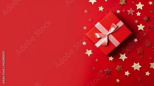 Christmas banner composition. Gift box, christmas decorations on red background. Flat lay, top view, copy space