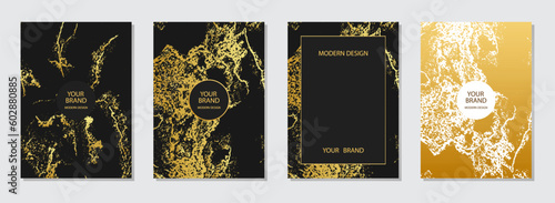 Trendy cover design set. Black texture background, golden texture. Geometric vintage pattern with spots, cracks, scratches. Luxurious grunge art collection. Vertical vector templates.