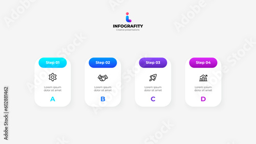 Four rounded banners in horizontal row for infographic and presentation. Concept of 4 steps of business development process