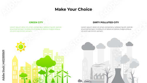 Concept of clean green and dirty polluted city. Ecology infographic