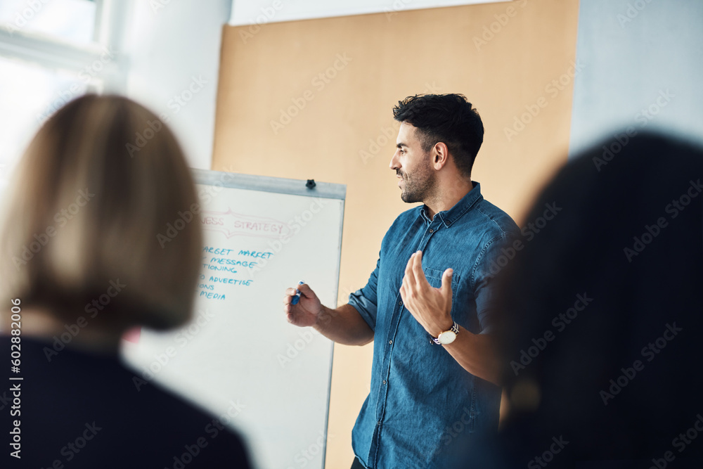 Presentation whiteboard, meeting speech and man training, coaching or teaching audience, trade show people or seminar. Event presenter, reading and male business leader talking to conference group - obrazy, fototapety, plakaty 