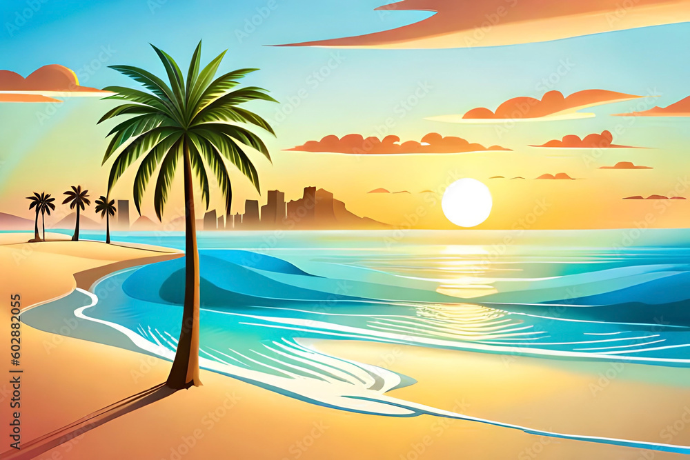 summer banner featuring elements such as palm trees