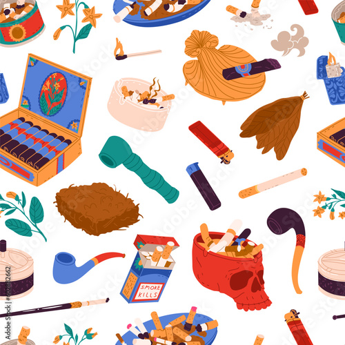 Endless, seamless, pattern on the theme of smoking cigarettes, tobacco. Decor for tobacco shops and the anti-smoking movement. Textile, paper design. Vector illustration.