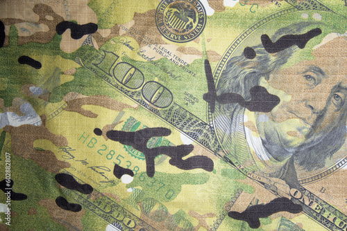 Double exposure camouflage and dollar bills. Money military assistance. Military financial support concept
