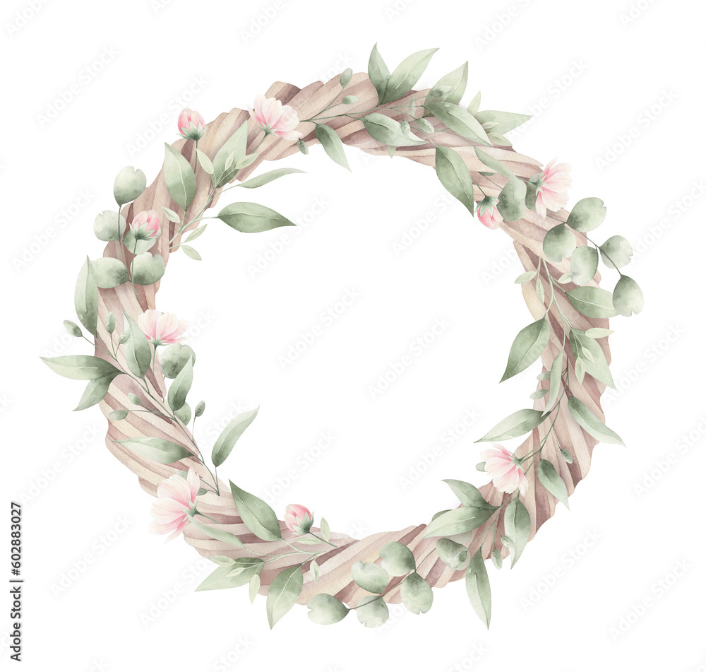 Watercolor wreath of flowers isolated. Easter wreath with flowers.