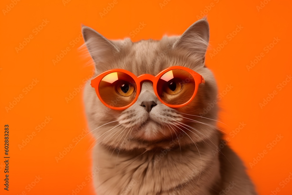 Fat gray cat wearing orange glasses facing into camera generative ai