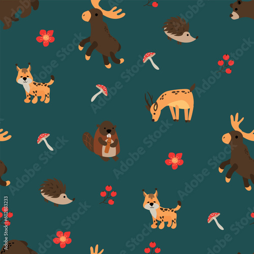Seamless pattern with forest animals. Elk, deer, roe deer, hedgehog, beaver, lynx. Design for fabric, textile, wallpaper, packaging.	