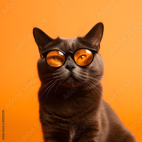 Cute fluffy black cat on an orange background generative ai © Fahad