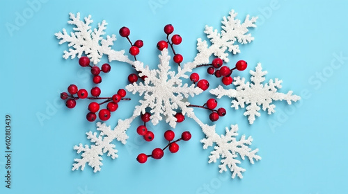 Winter composition. Frame made of snowflakes and red berries on pastel blue background. Christmas, winter, new year concept. Flat lay, top view, copy space. Generative AI