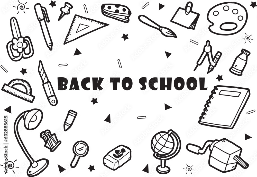 Vector black stripes on white background line drawing about students in school Tools for students and teachers to use in school educational presentation materials.