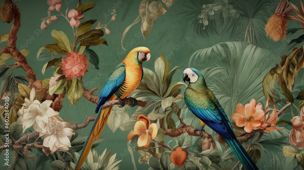 Two macaws on a flowering branch illustration made with a generative AI tool