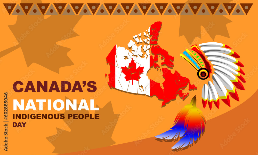 Vecteur Stock Canada map with Indigenous war bonnets or headdresses and 2  colorful bird feathers and maple leaf background and bold text  commemorating Canada's National Indigenous Peoples Day on June 21 | Adobe  Stock