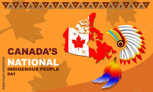 Canada map with Indigenous war bonnets or headdresses and 2 colorful bird feathers and maple leaf background and bold text commemorating Canada's National Indigenous Peoples Day on June 21
